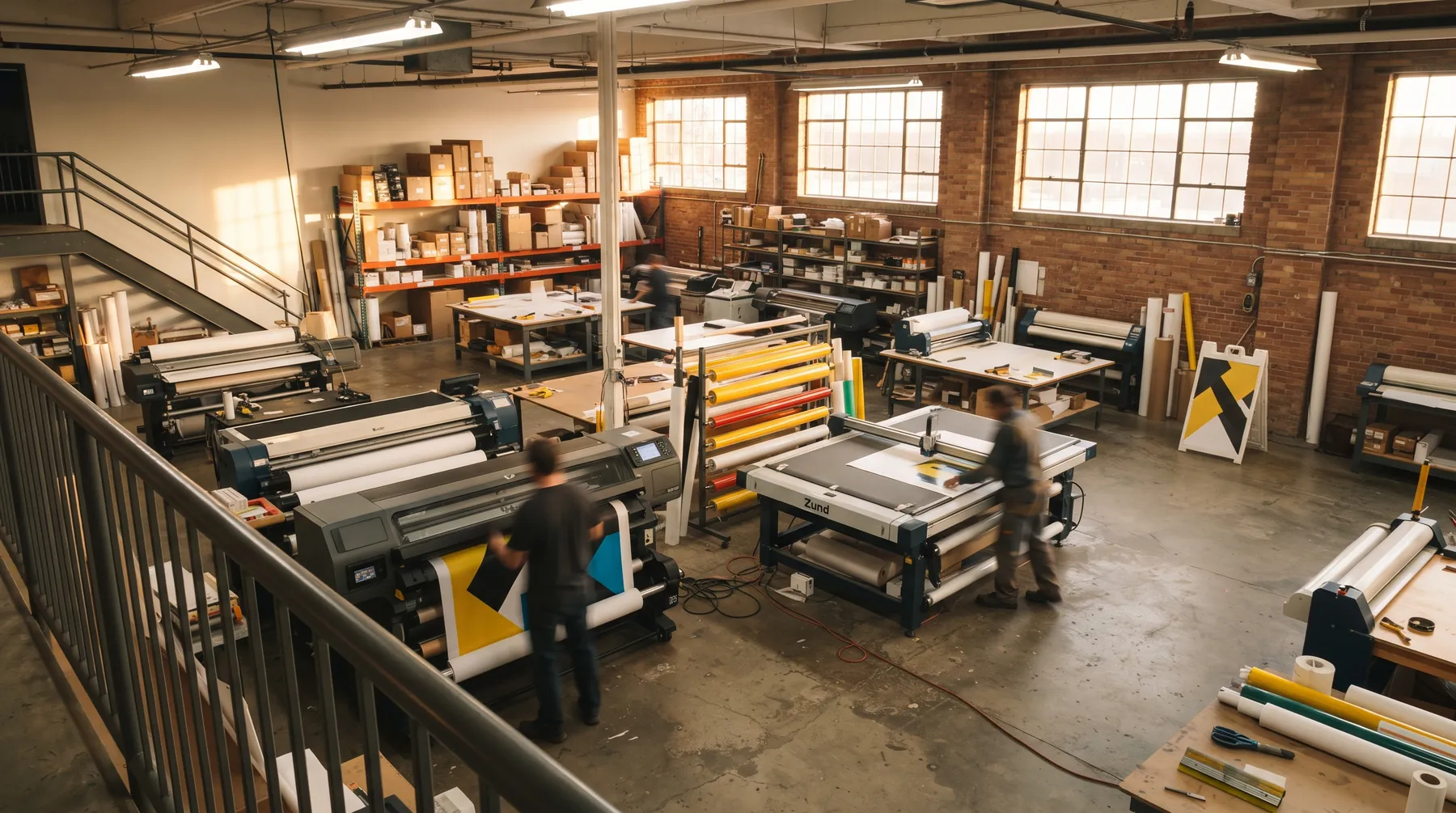 Print and sign production floor with wide-format printers and finished jobs on shelves