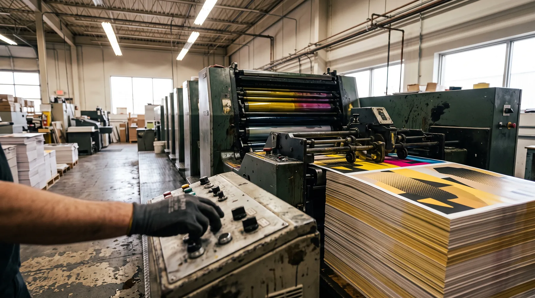 Offset press running a job with printed sheets stacking at the delivery end